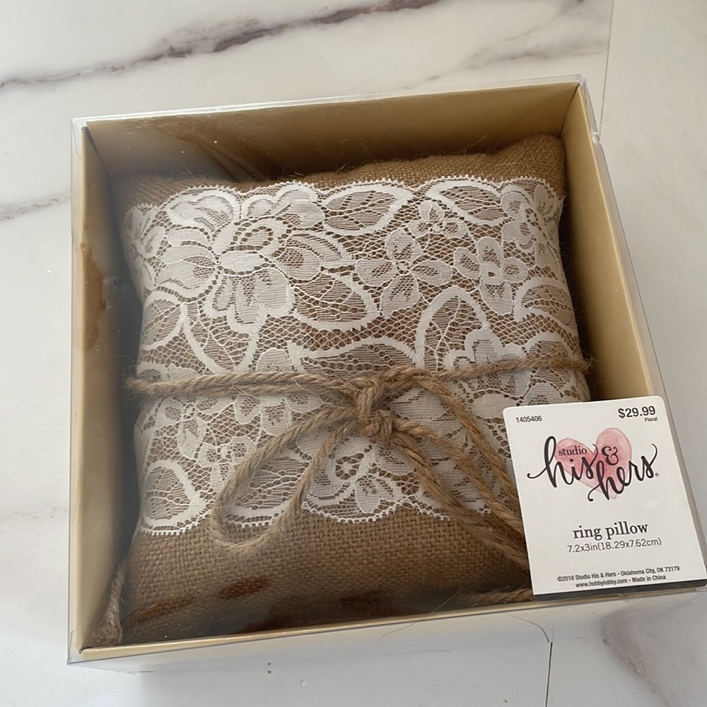 NWT Hobby Lobby His & Hers Burlap & Lace Ring Bearer Pillow